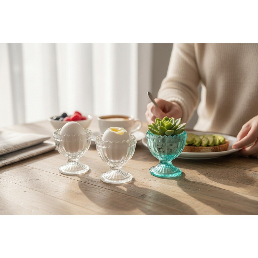 Ankyo Egg Holder Cups Set of 4 Unisex OS Clear Teal NWOT Ribbed Glass